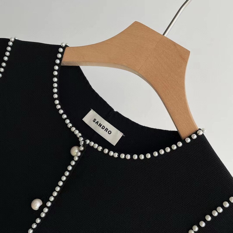 Sandro Color contrast Round neck Pearl edge sleeveless Slim-fit Knit Dress