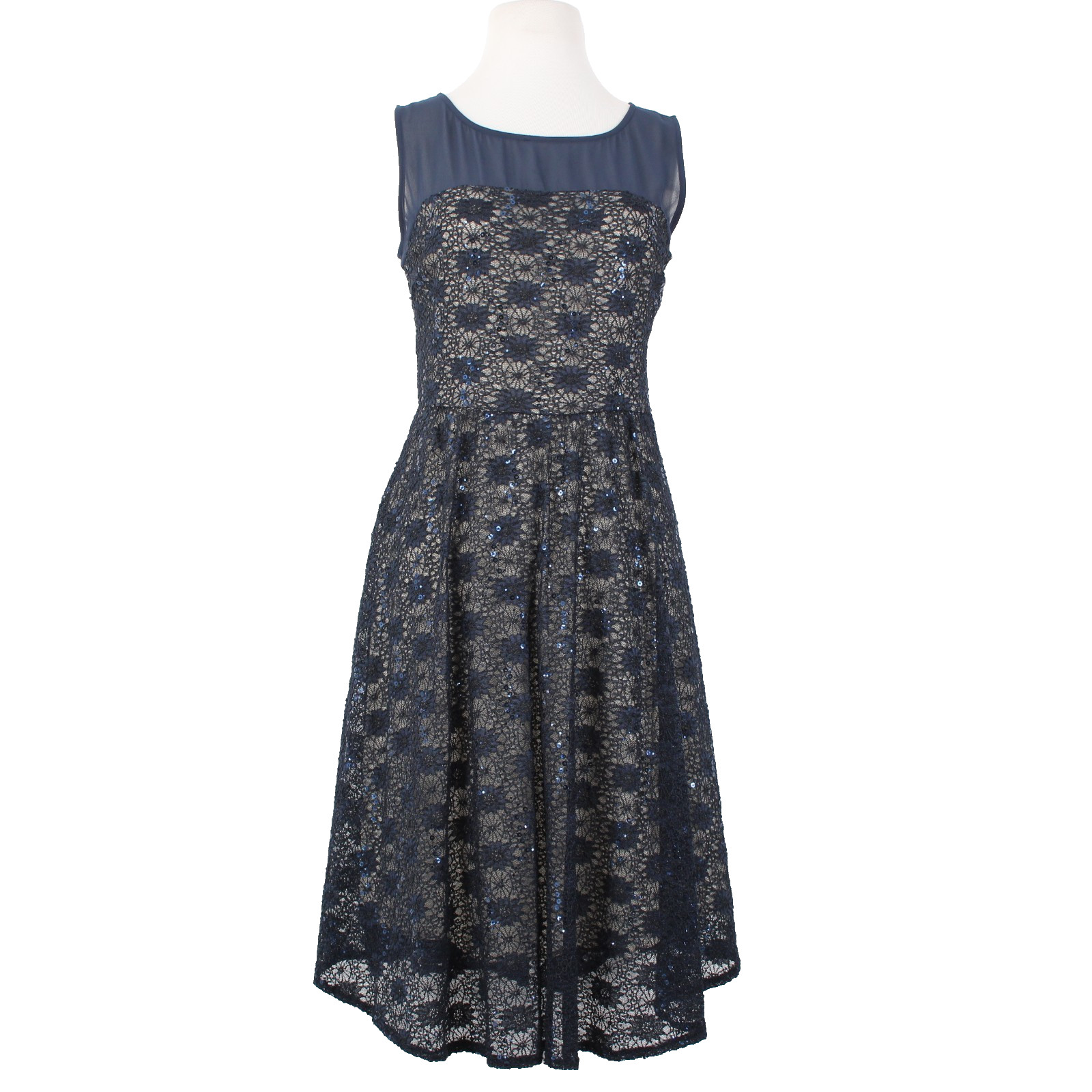 J Taylor Dress Sz 8 Navy Blue Tan Lined Lace Detail Sequin Nylon Poly Spandex