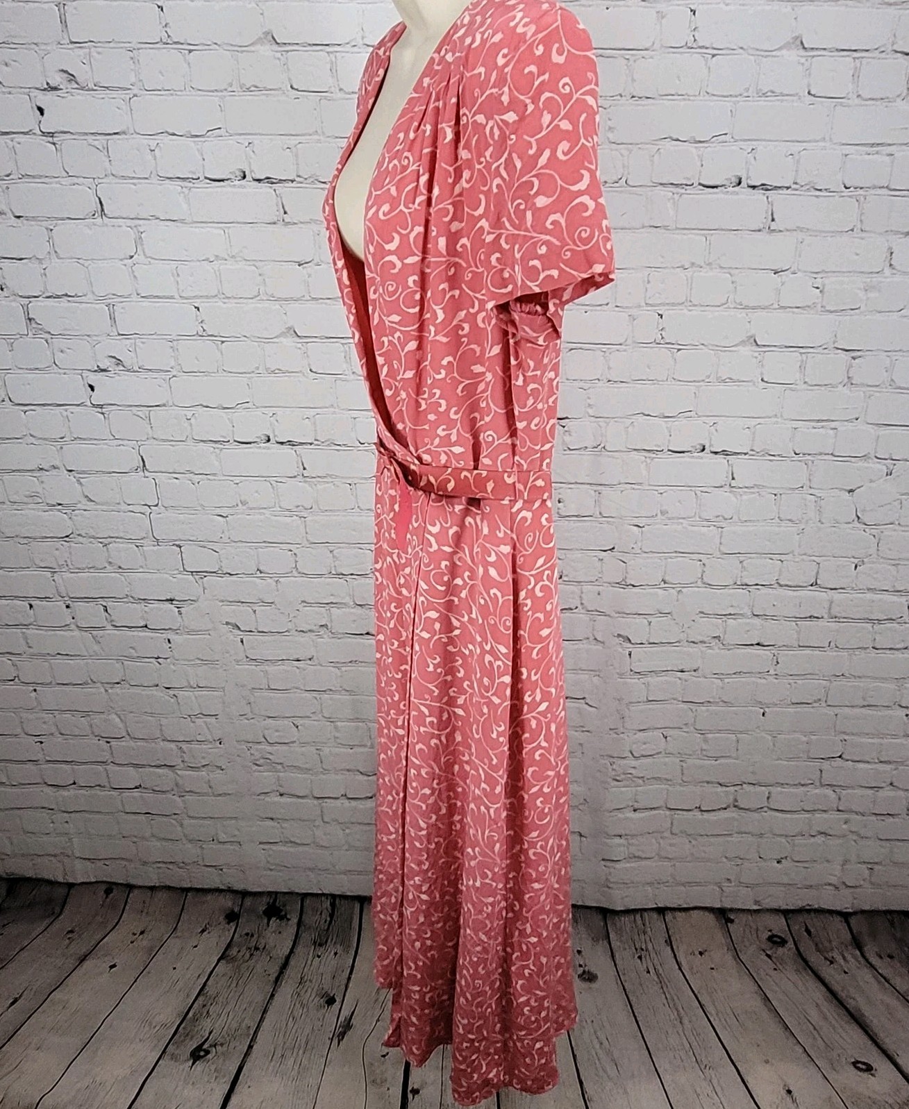 Papillon Pink 100% Silk Leaf Print Short Sleeve Belted Lined Long Wrap Dress 16