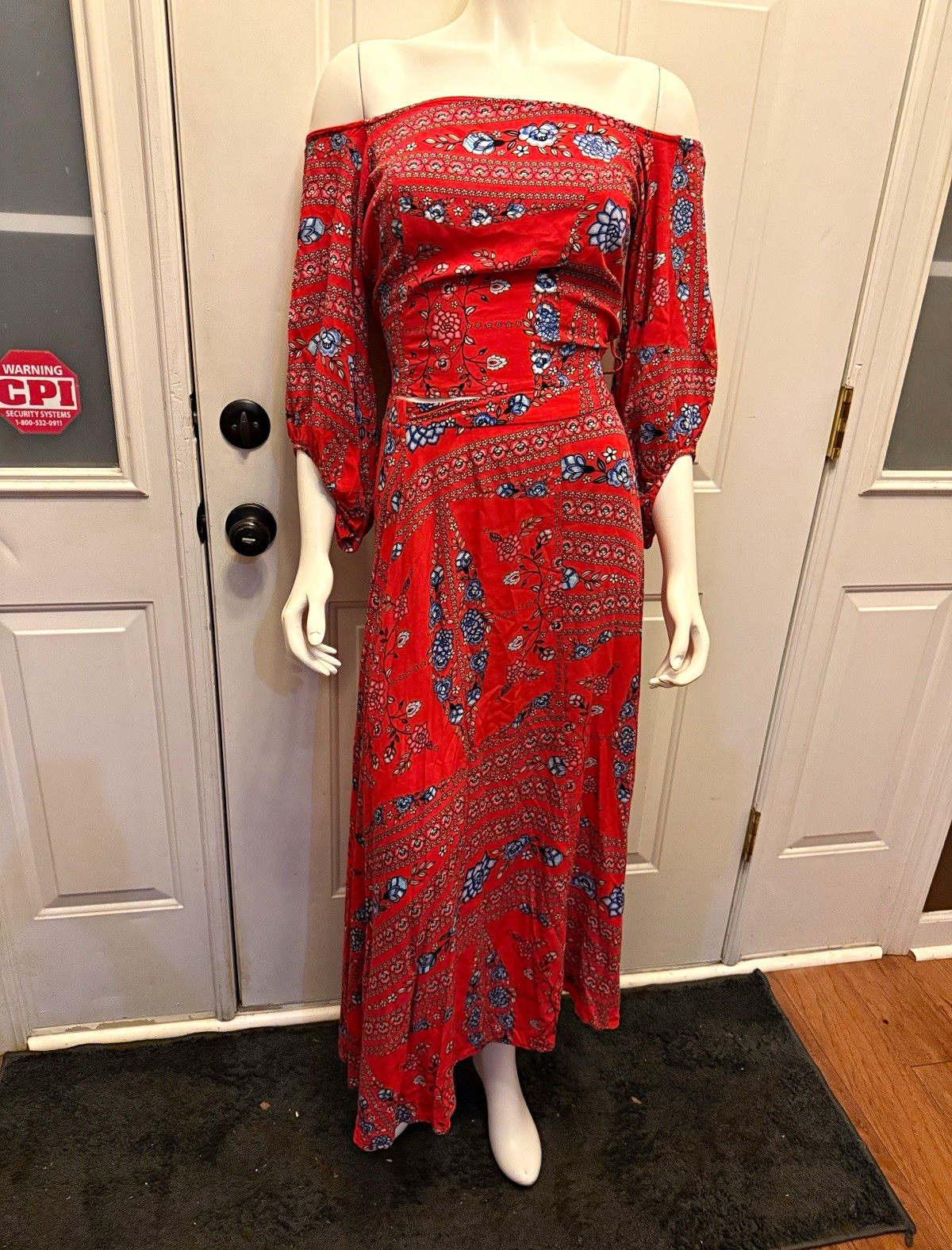 JAMSE Red Blue White Floral Maxi Dress S Off Shoulder Tie Waist Balloon Sleeve