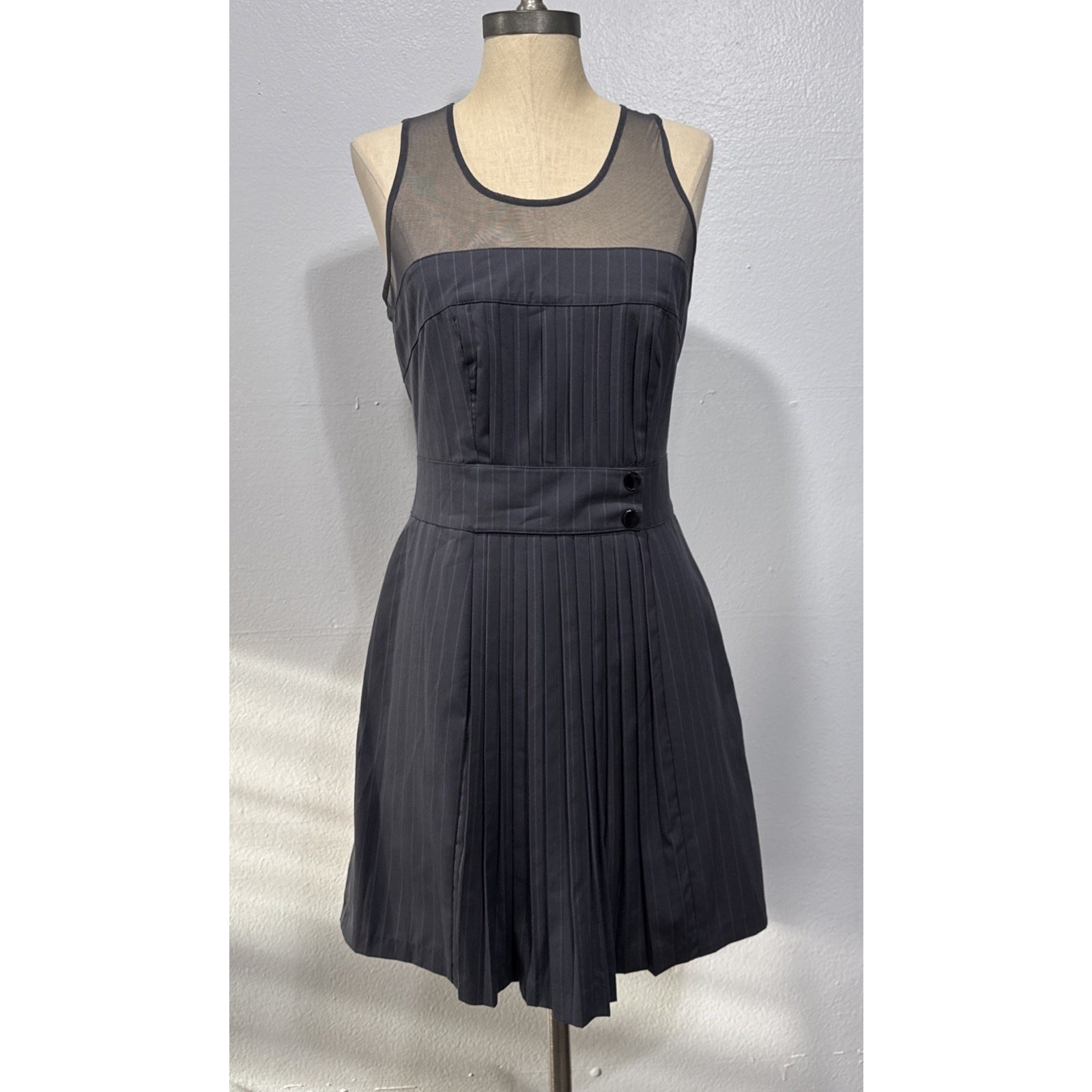 Bebe Dress Fit & Flare Pleats Mesh Chest Back Womens Sz 6 Gray Pink Pinstripes