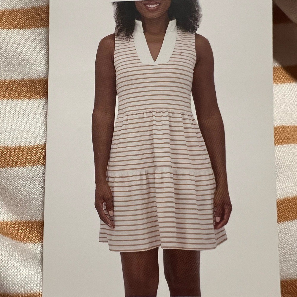 NWT Nautica Jeans Women’s Tiered Dress summer fall spring Almond Ivory strips