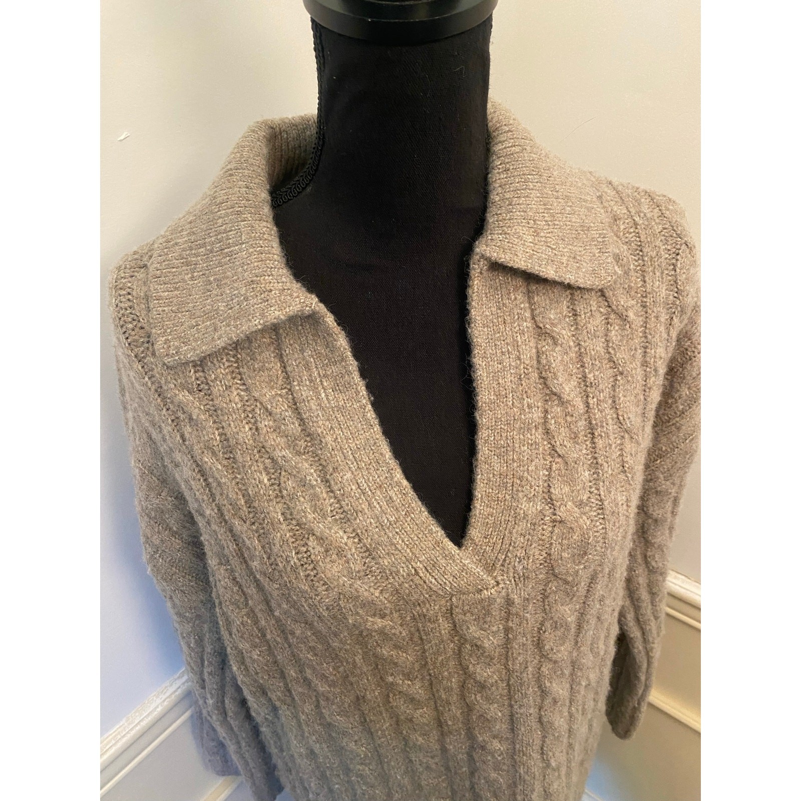 Magaschoni Cable Knit Polo Fold Over Collar Sweater Dress V Neck Quiet Luxury