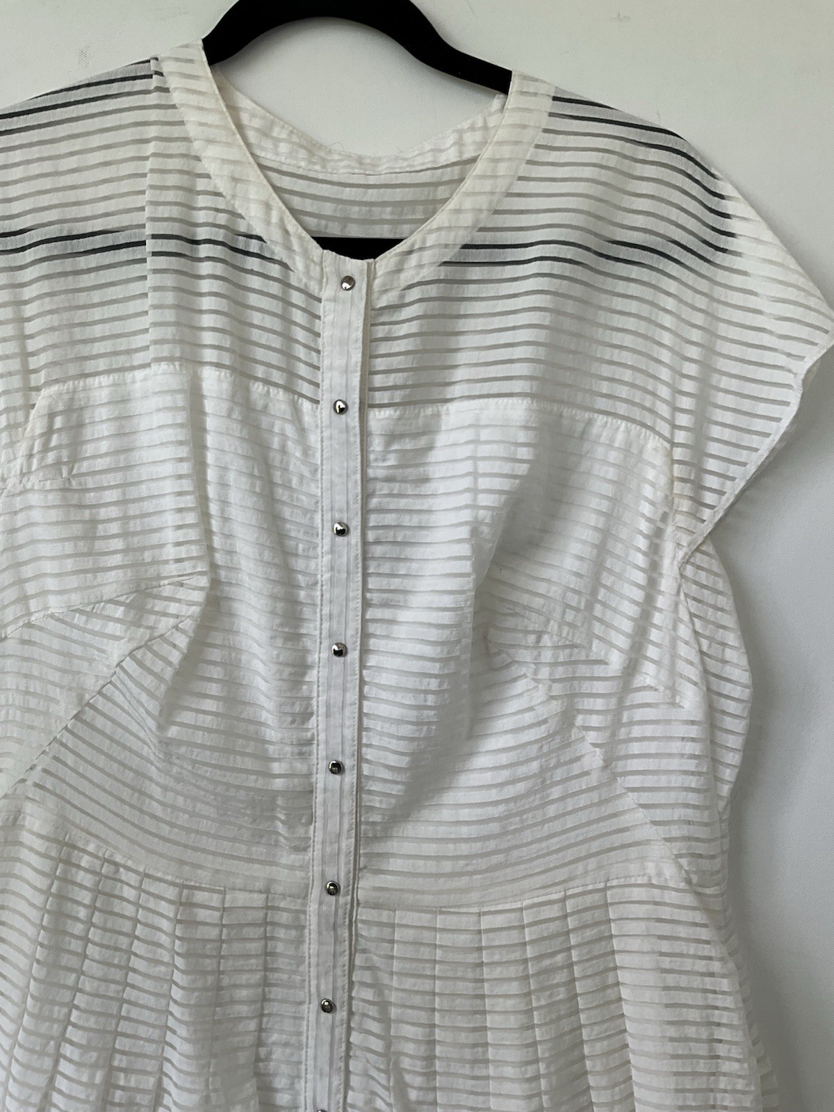 Akris Punto White Sheer Stripe Snap Front Pleated A-Line Midi Dress US L