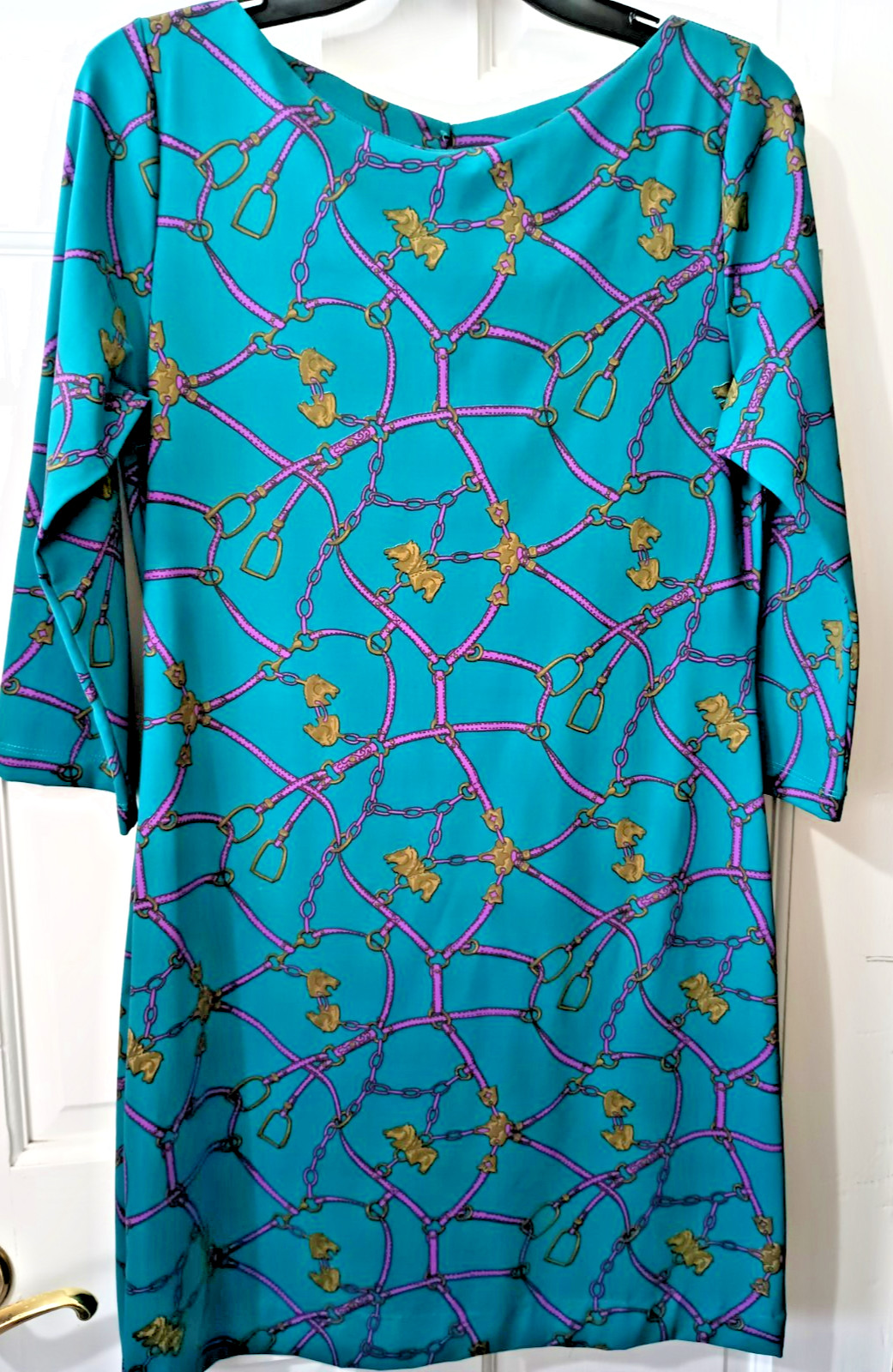 Britt by Britt Ryan Equestrian Shift Dress Horse Bit & Bridle Print Aqua Small