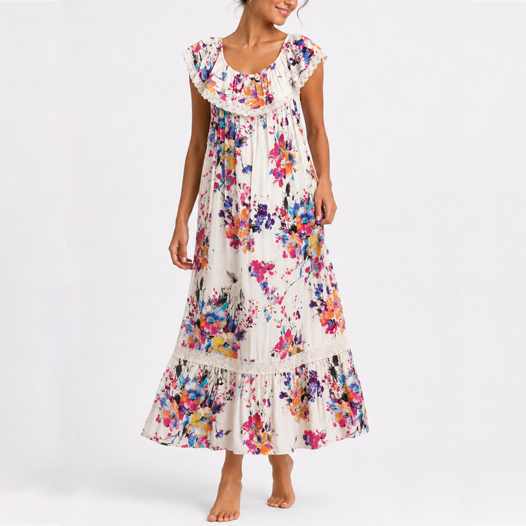 Umgee USA Floral Boho Maxi Dress Medium Crochet Trim Cottagecore Peasant