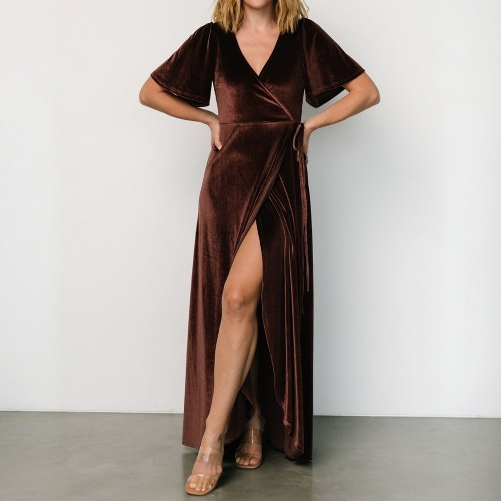 NWT Baltic Born Katelyn Velvet Maxi Wrap Dress Clove Brown Sz Small Tulip Skirt