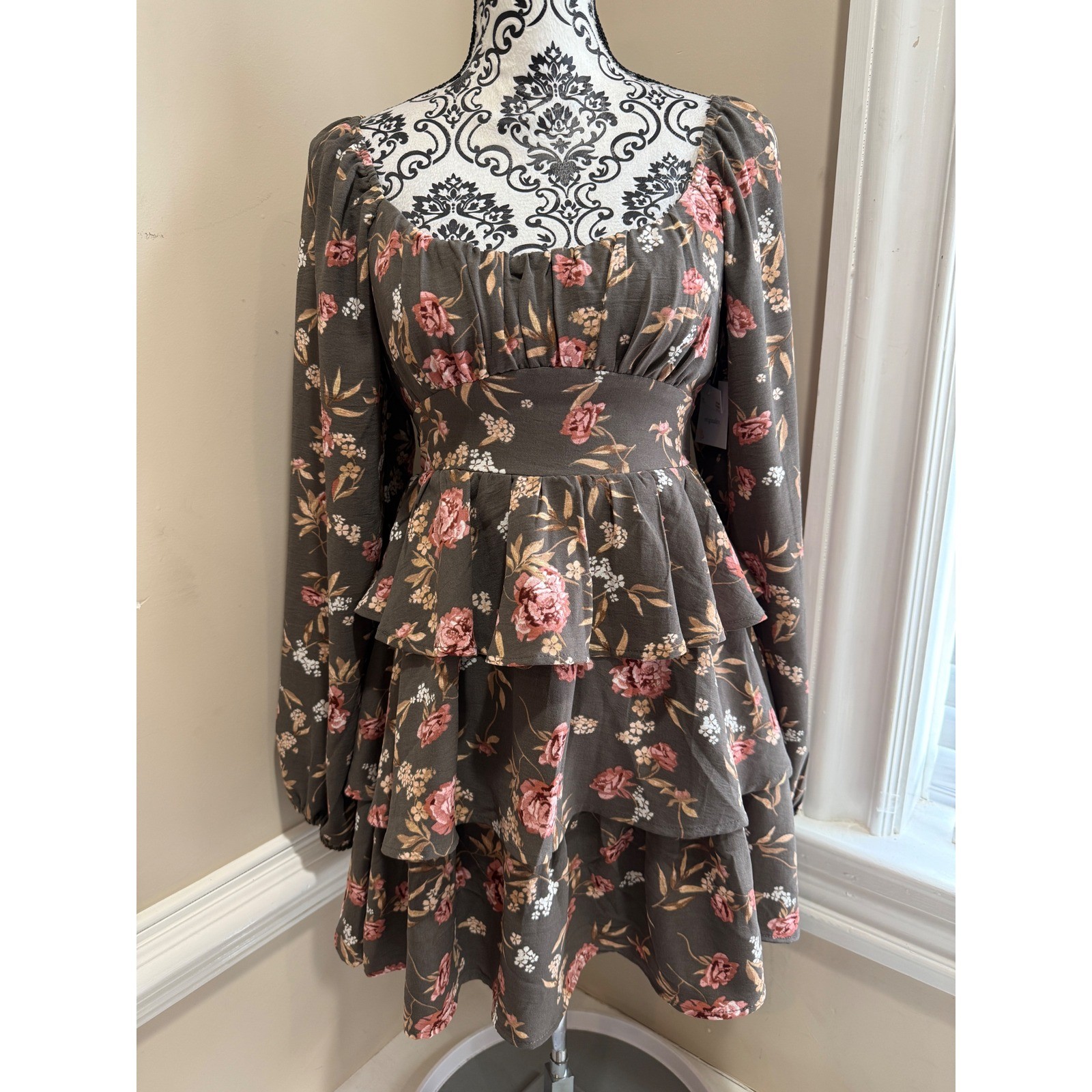Originality La La Land Floral Tiered Ruffle Mini Dress Green Pink Small Boho