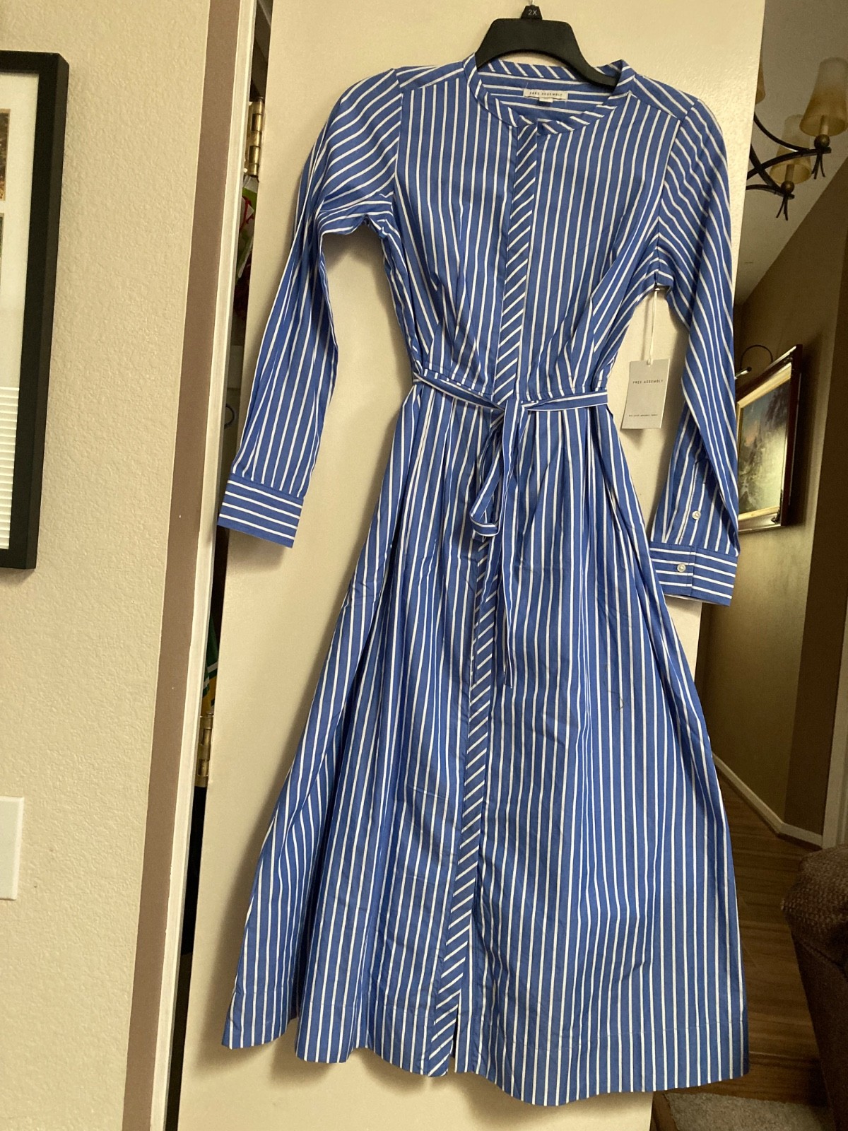 Free Assembly Womens Belted Midi Dress Long Sleeve Blue Striped Size S (4-6) NWT