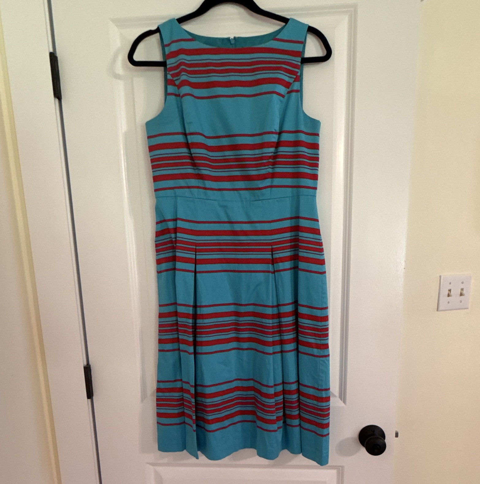 Talbots A-Line Knee Dress Striped Round Neck Sleeveless Zip Lined Pleated 8