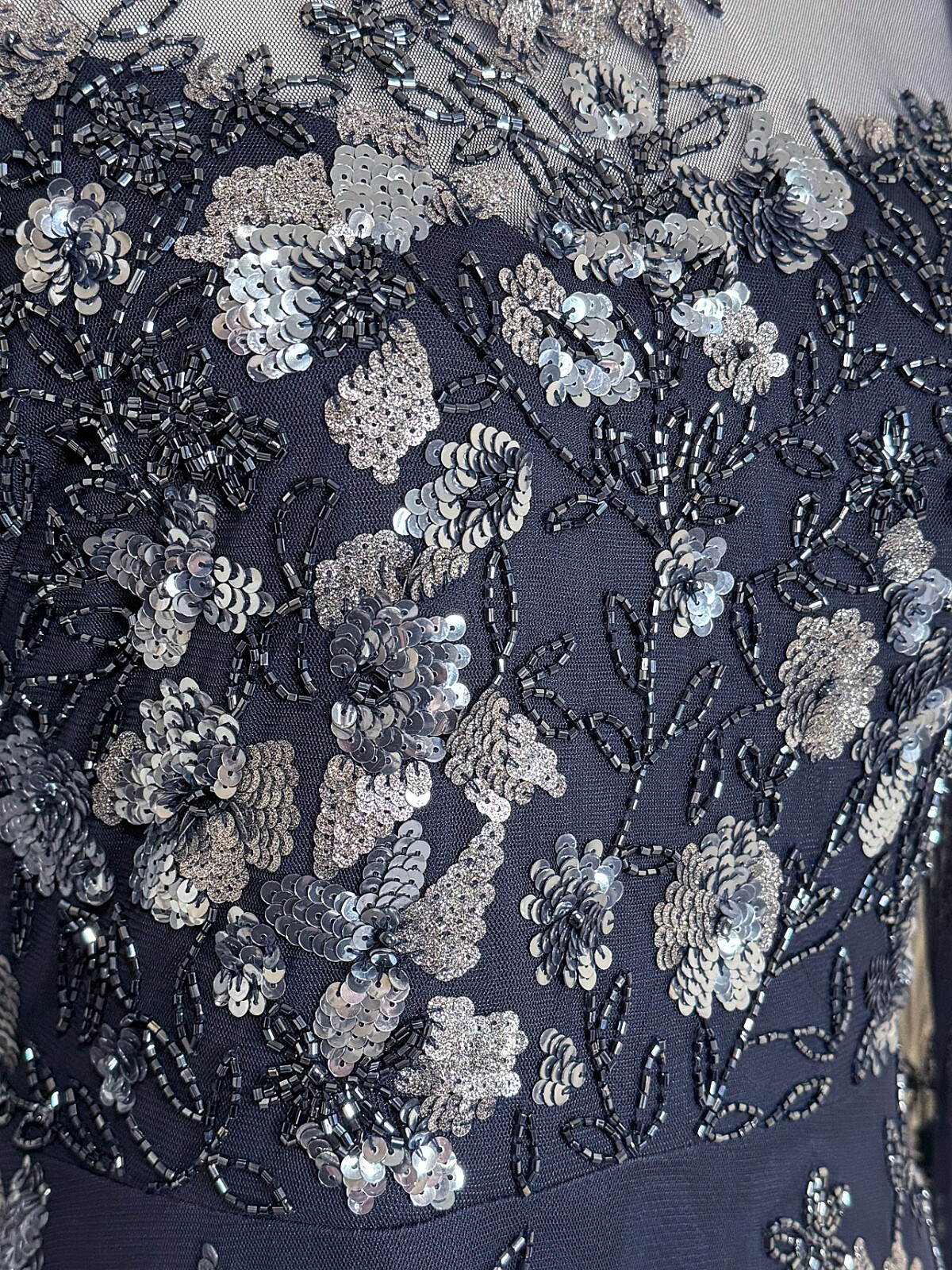 Adrianna Papell Floral Sequin Beaded Sheer Navy Dress NWT Size 6