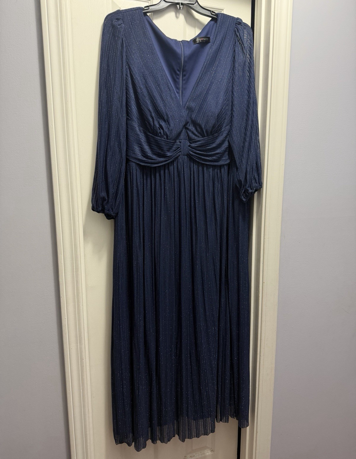 Ever-Pretty Women Blue Solid Chiffon V-Neck Long Sleeve Pleated Long 3XL
