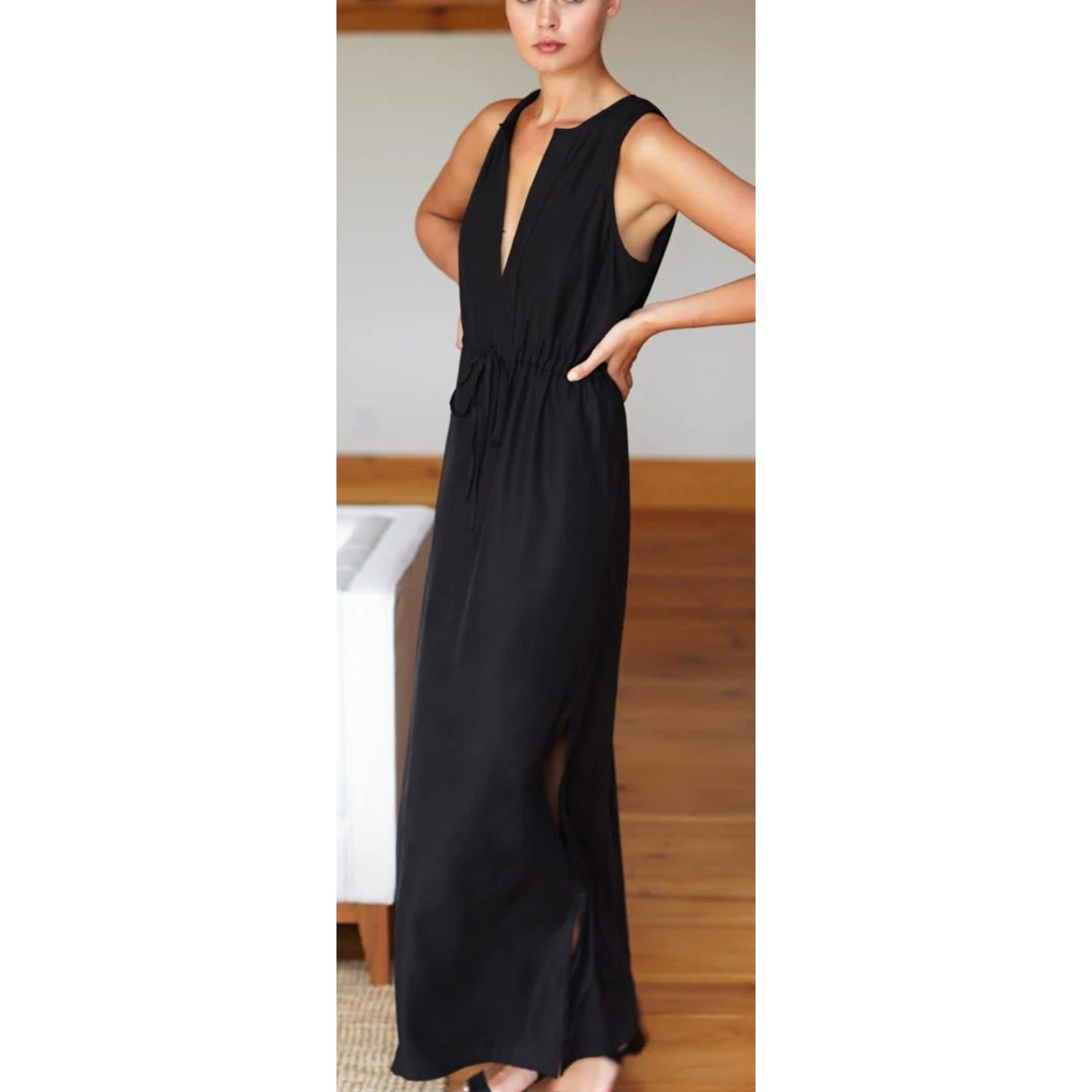 Emerson Fry Grecian Keyhole Black Sleeveless Maxi Dress Drawstring Waist Size 12