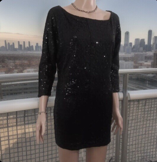 Black Sequin Dress (SIZE TAG MISSING) Bust 32in Length 30in Boat Neck 3/4 Sleeve