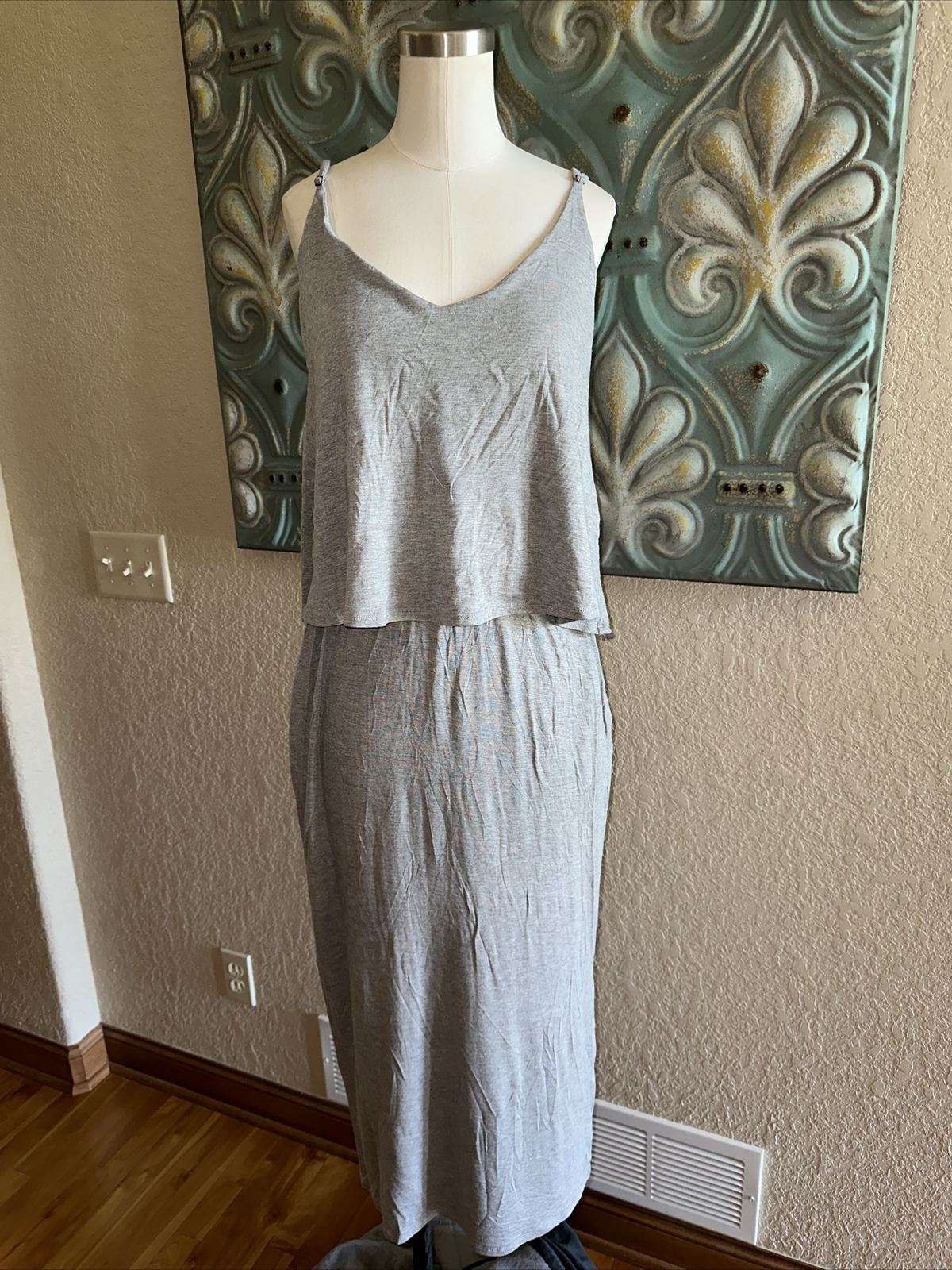 Cherish Gray Layered Maxi Dress Medium Spaghetti Strap Stretch Knit Casual