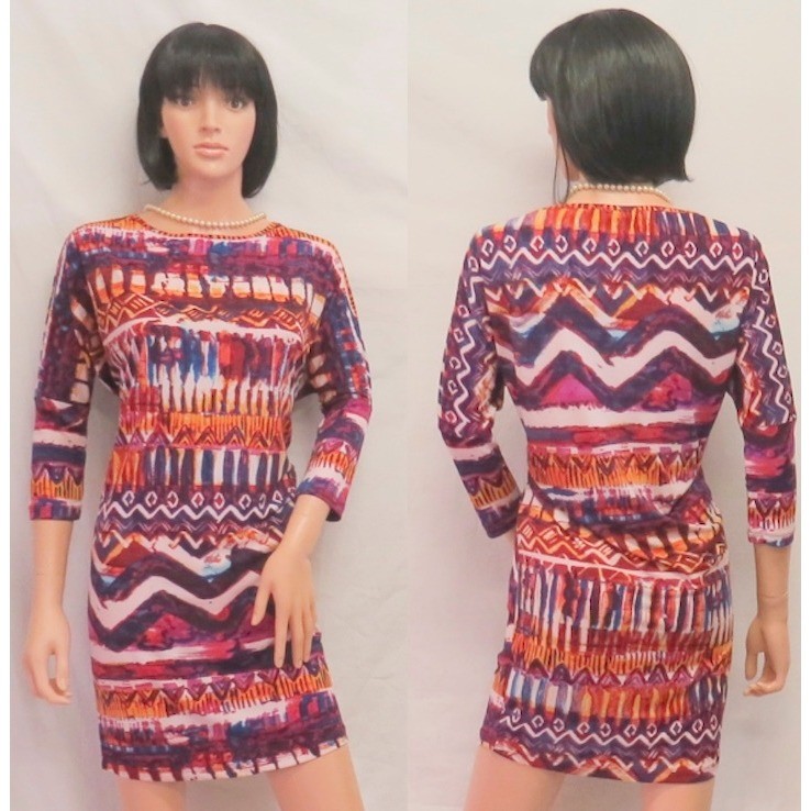CUPIO Multi Color “Ethnic Zigzag” Pattern 3/4 Sleeve Baggy Stretch Dress L