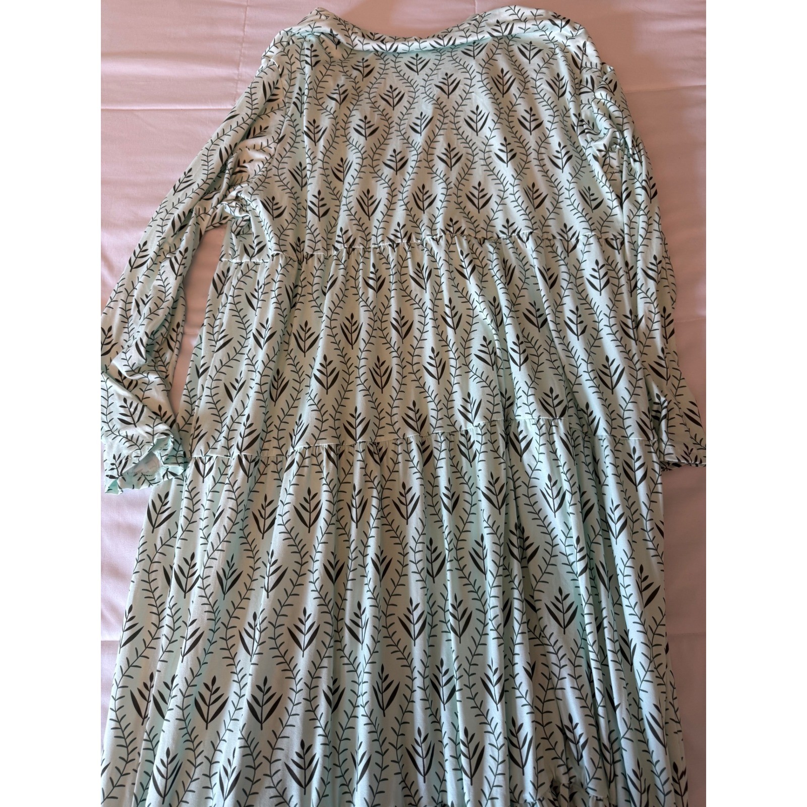 Mint Green Botanical Leaf Print Tiered Maxi Dress V-Neck Long Sleeve Boho L