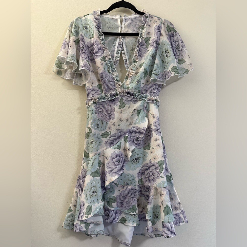 Saints + Secrets Floral Ruffle Open Back Mini Dress – S