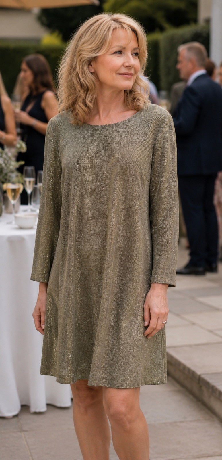 Cortefiel Metallic Gold Shift Dress UK 14 EU 42 Long Sleeve Party Cocktail