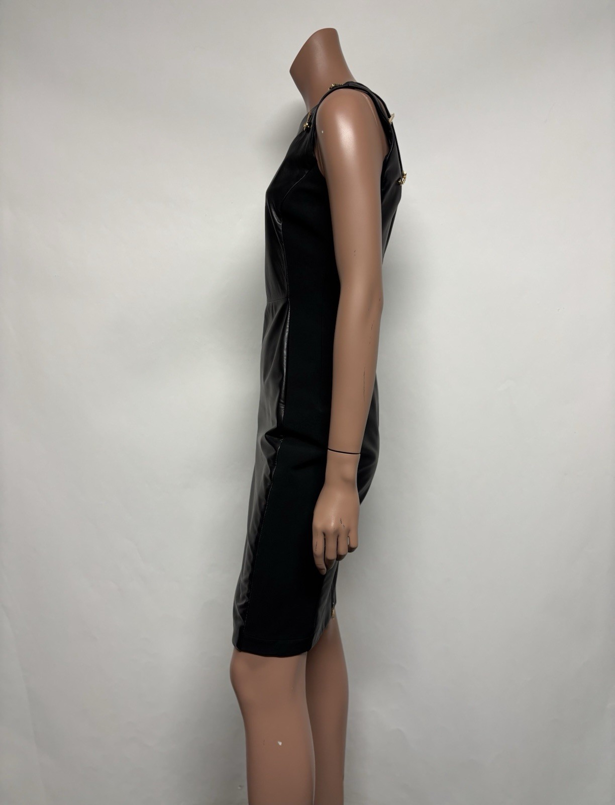 Versace 2019 Black Leather Gold Medusa Brooch Dress IT 38