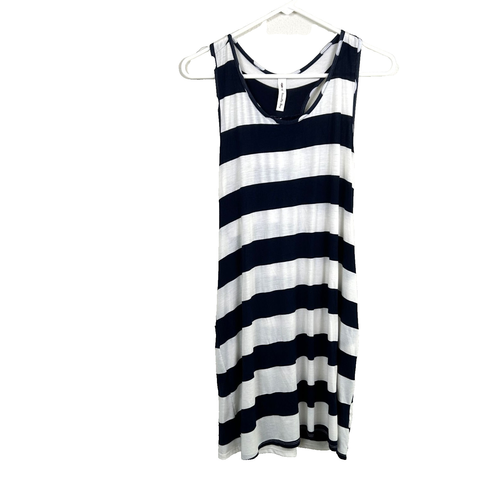 Vanilla Bay Dress Size L Blue White Striped Bow Nautical Sleeveless Pockets