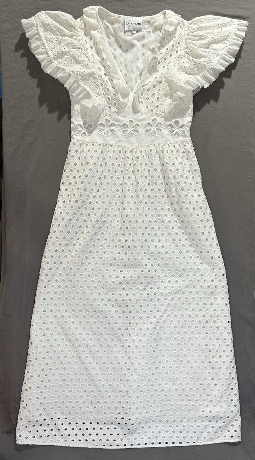 Antik Batik Maxi Jada Dress Sz 42 L Cream Eyelet Fitted Frayed Boho *Runs Small