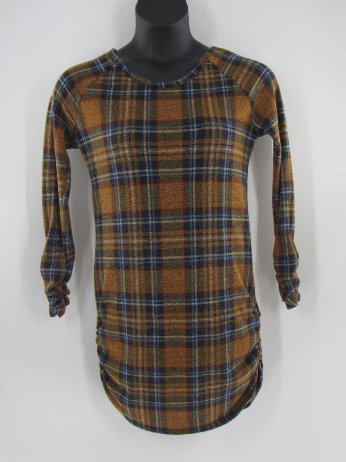 Women’s Plaid Navy Blue Brown Yellow Stretchy Long Sleeved Ruched Dress Sz Small