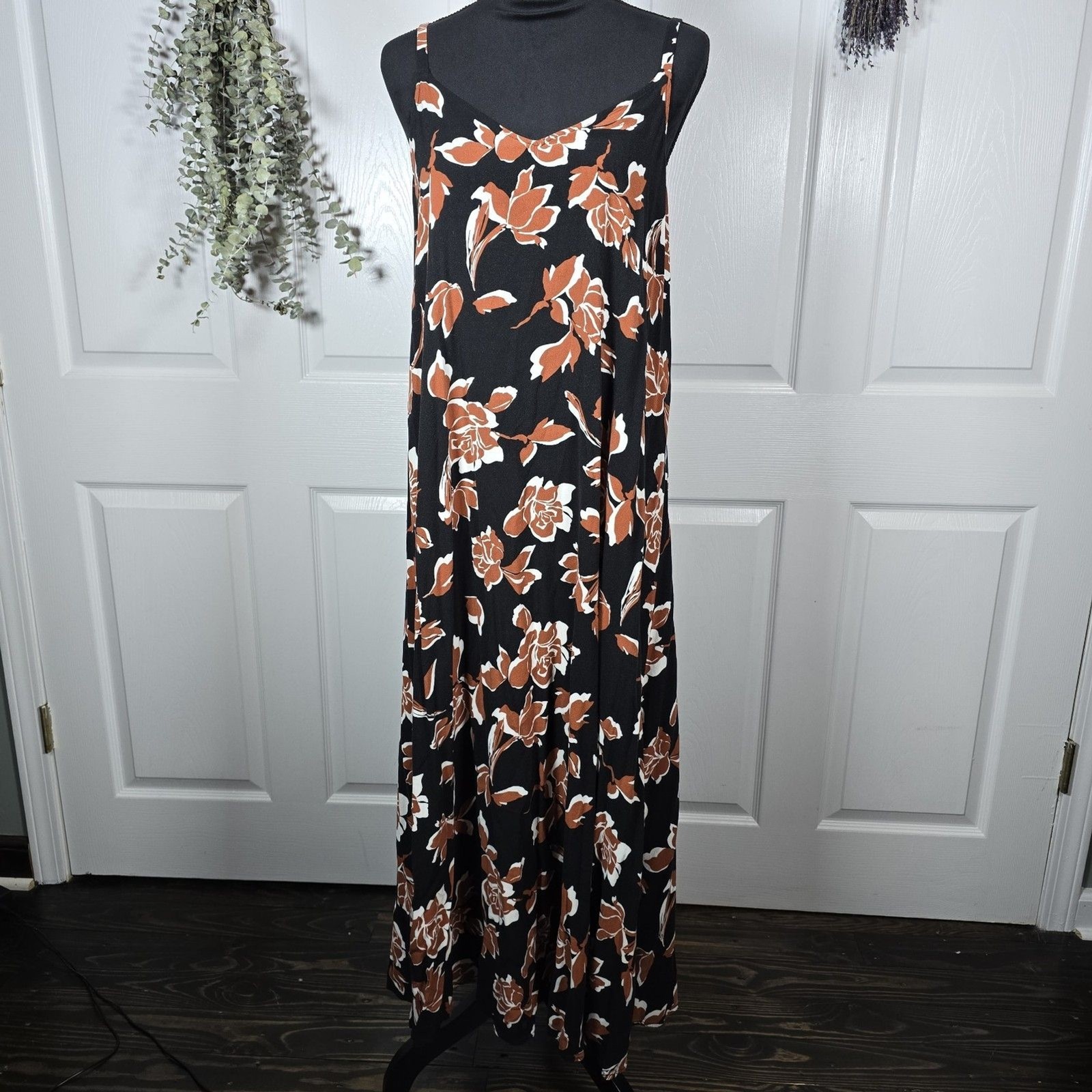 MSK Black Cami Dress Brown And White Flowers Medium Maxi