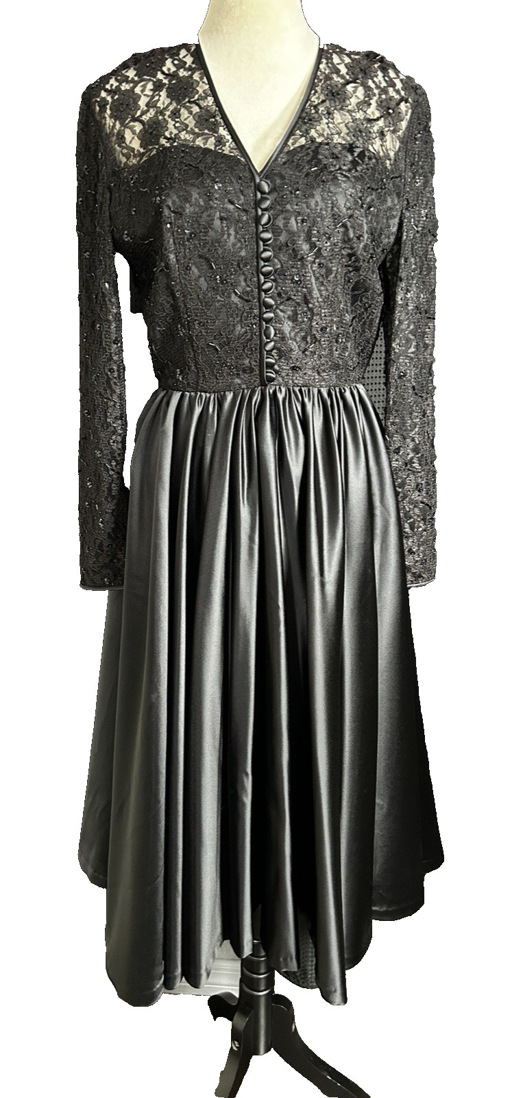 Vintage Black A-Line Dress Lace Heavy Weight Satin Skirt Whimsgoth Vampire