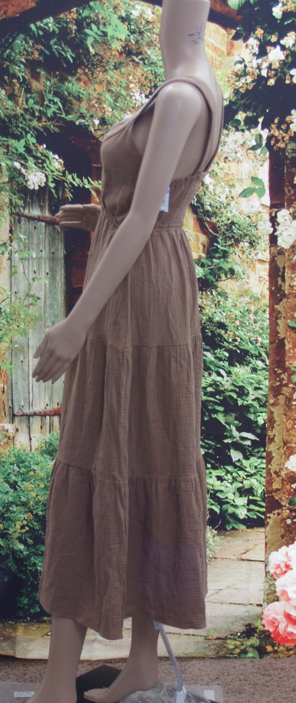 Steve Madden Amira Tiered Cotton Midi Dress Gauze Smocked Brown Tan Toast Size S