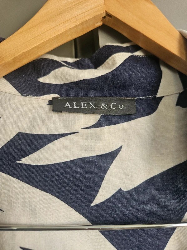 Alex & Co navy blue cream tropical leaf wrap midi dress linen blend size 18