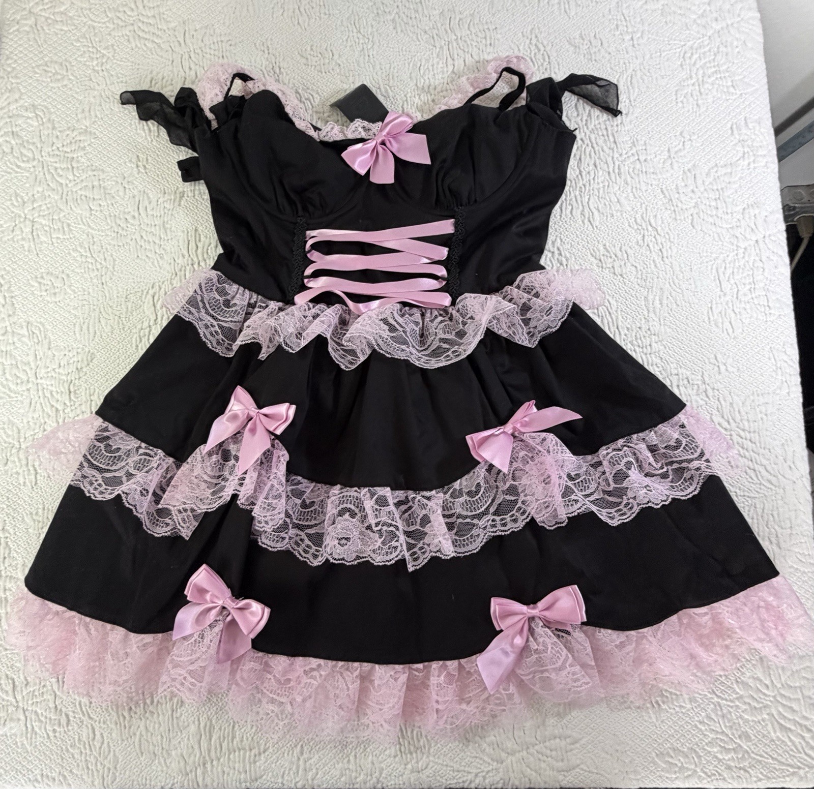 DOLLS KILL WIDOW THANK GOTH FOR YOU MINI DRESS BLACK W/PINK LACE BOWS Medium