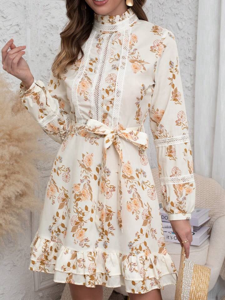 Eilly Bazar Lace Insert Ruffle Hem Belted Floral Dress Casual Vacation Spring XL