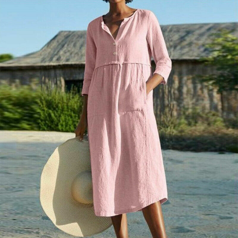 New Ladies Italian Lagenlook Panel Insert Scoop Neck 2 Pocket Linen Womens Dress