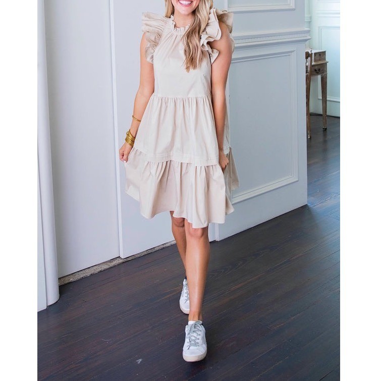 Karlie Khaki Poplin Ruffle Tiered Dress Size L Flutter Sleeve Coastal Cowgirl
