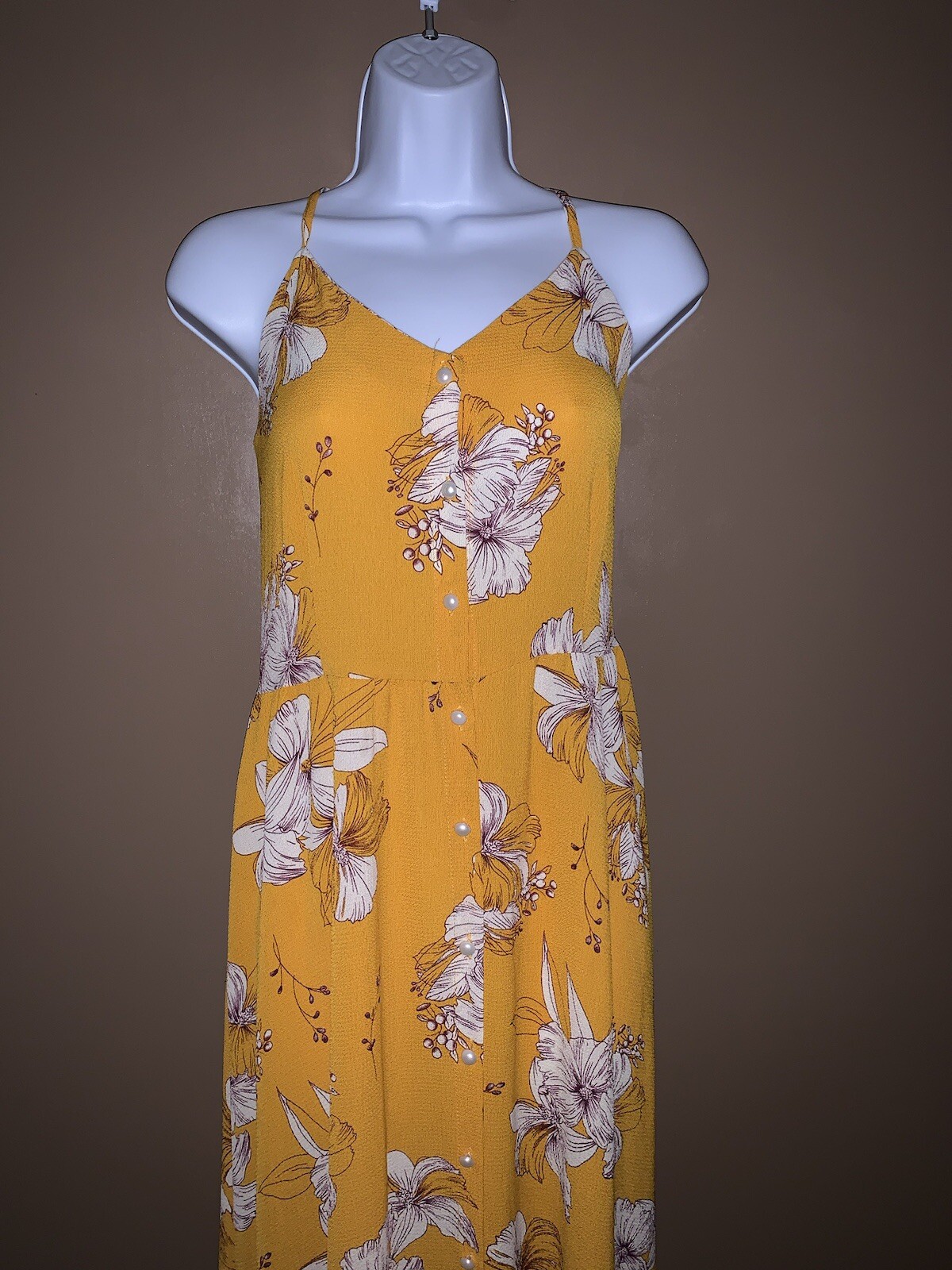 Beautiful Boho Yellow Floral Long Maxi Dress With Pearl Button Front Size Medium