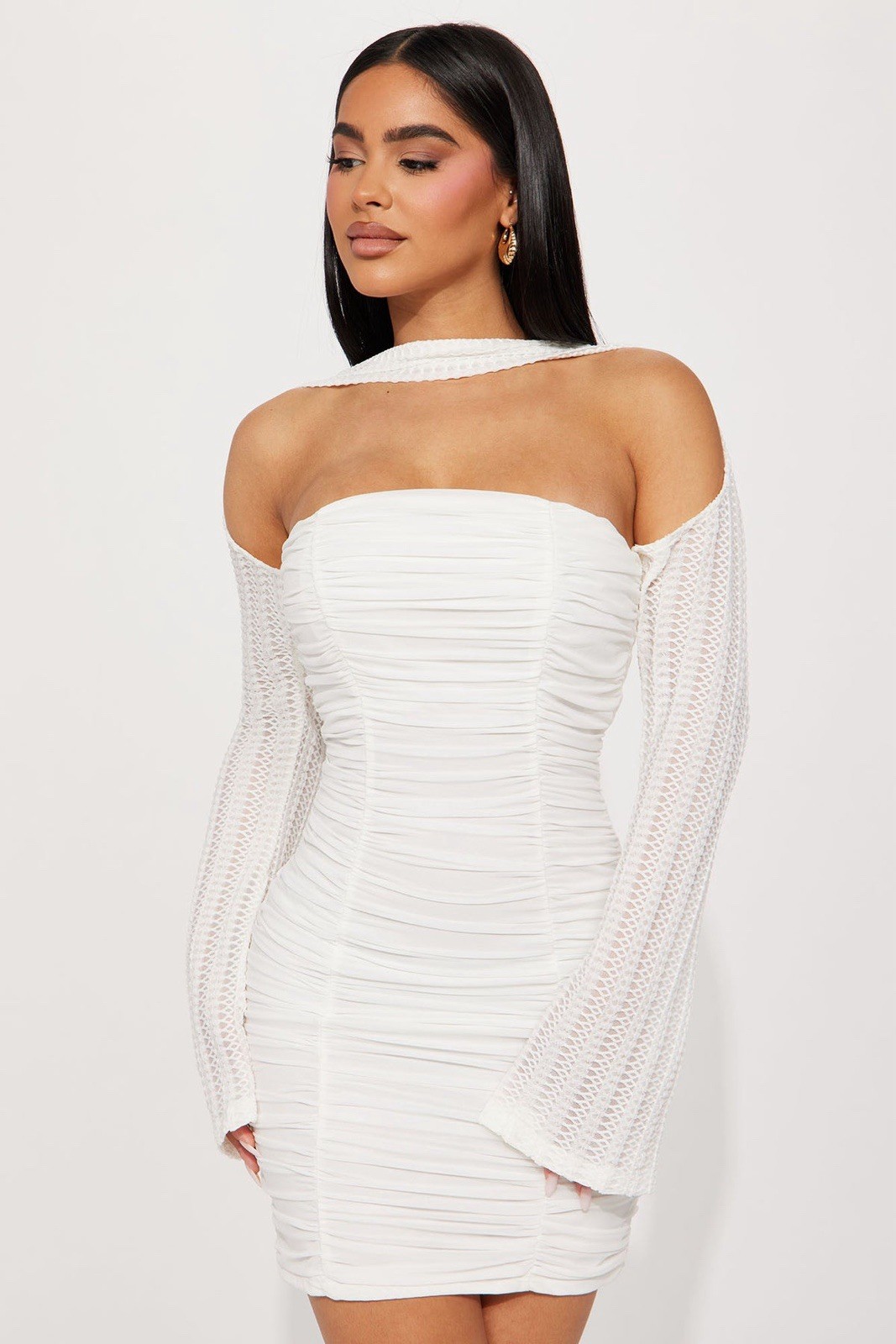 Fashion Nova White Ruched Mini Bodycon Dress Long Bell Sleeve XS