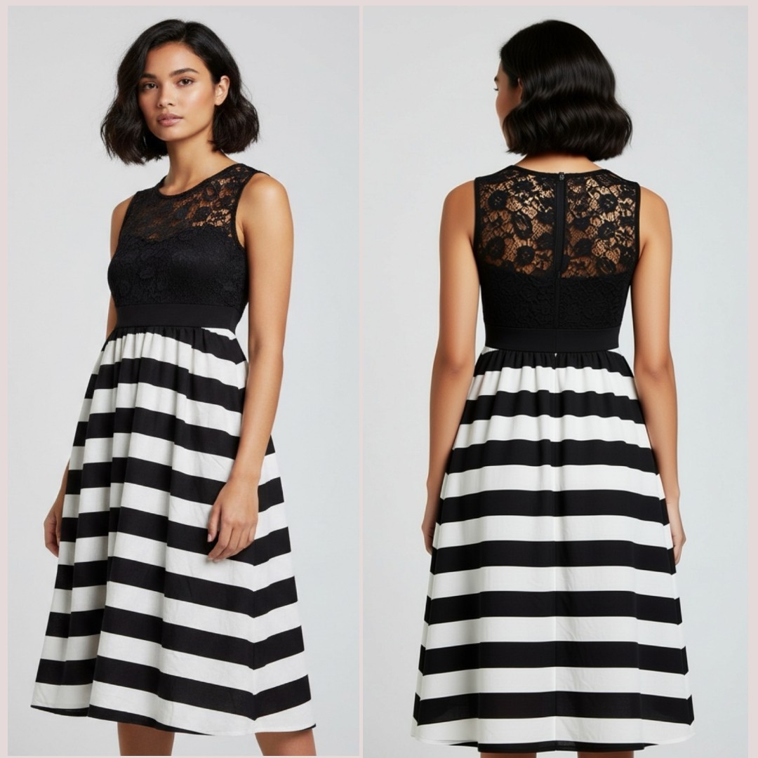 Women Sleeveless A-Line Midi Dress Black & White Striped