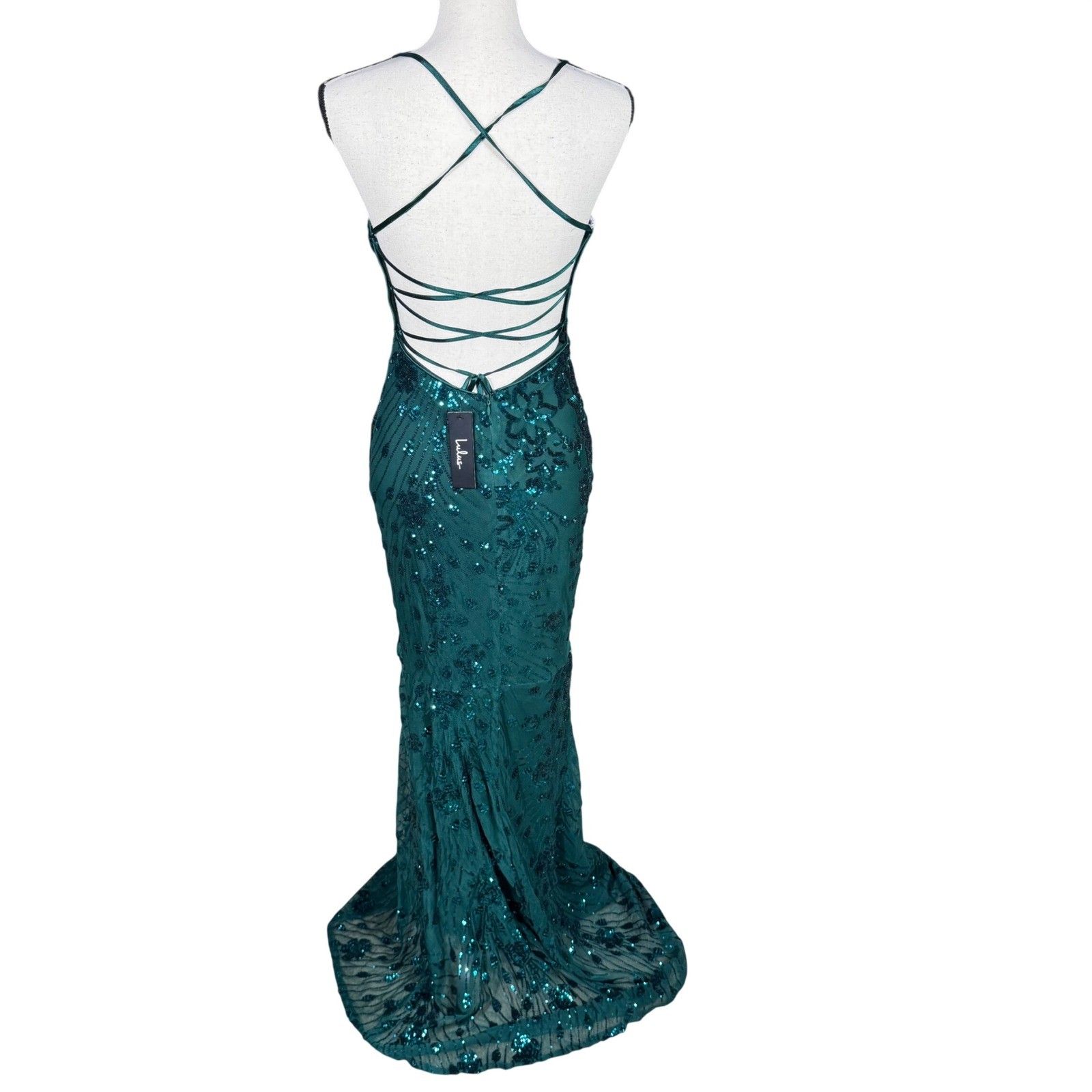Lulus Emerald Green Sequin Lace-Up Maxi Dress Mermaid Formal Gown NWT