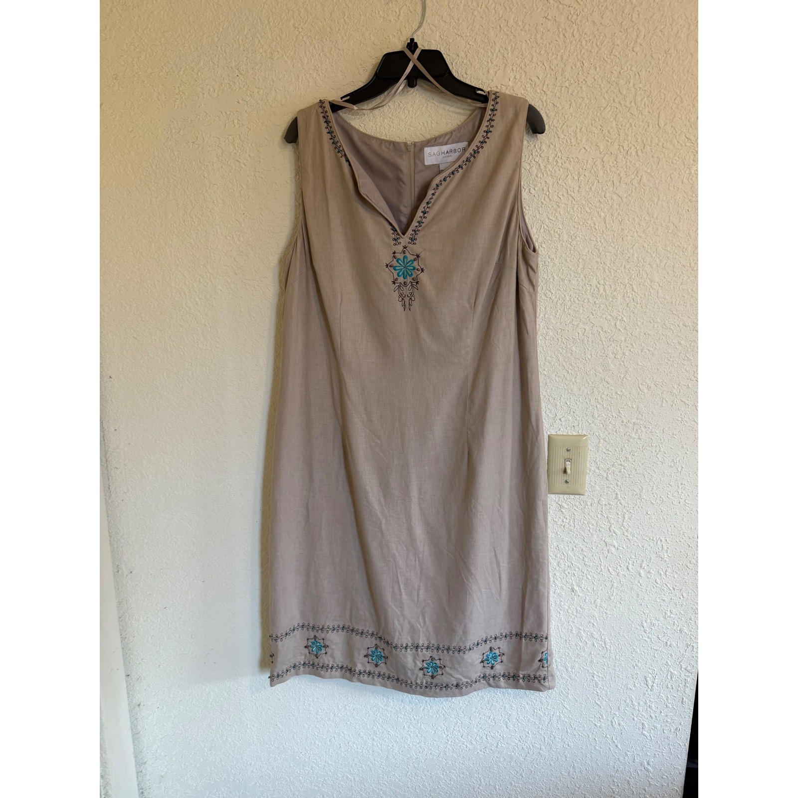 Sag Harbor Women Tan Linen Blend Embroidered Sheath Dress Sz 16 Sleeveless Boho