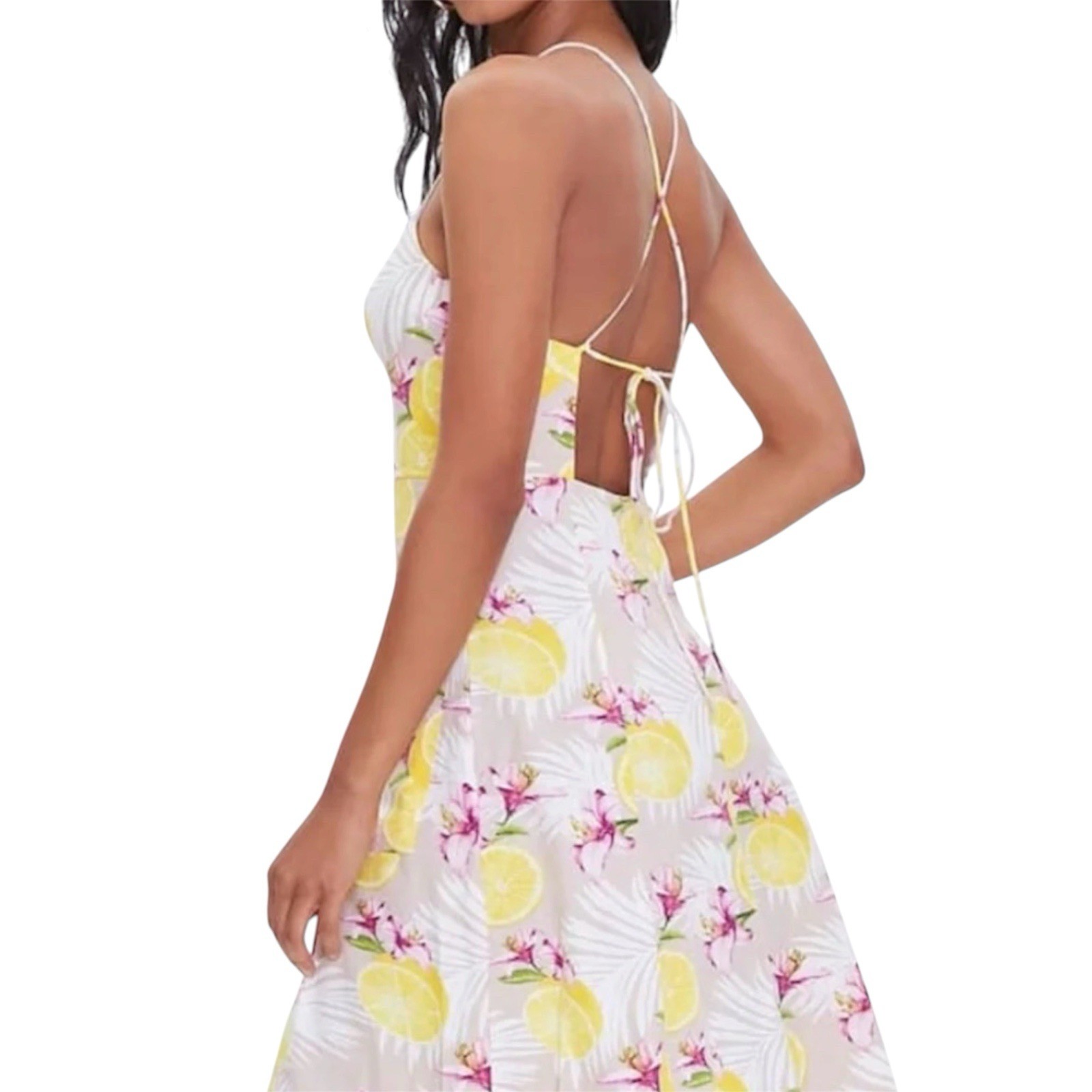 New Forever 21 Beige Lemon Floral V-Neck Button Open-Back Tie Midi Slip Dress S