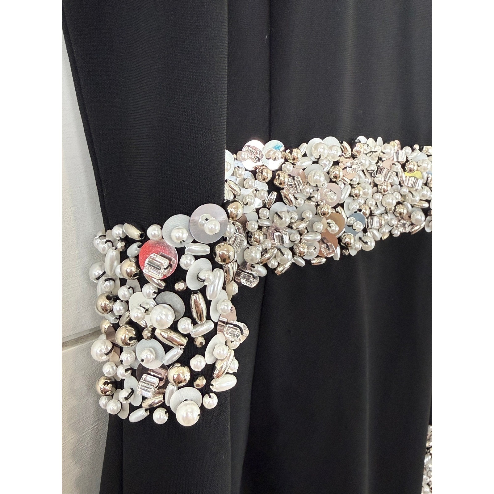 St. John Couture Black Beaded Crystal Pearl Midi Dress 10 Evening Cocktail Gala