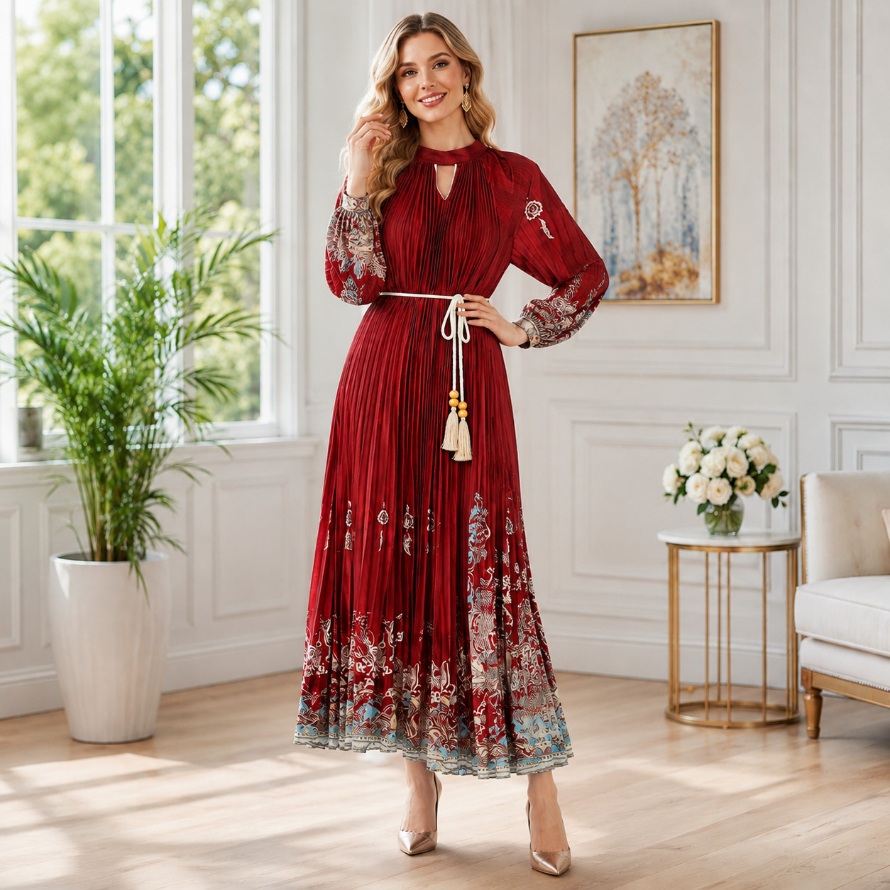 Pleated Tassel Belt Maxi Dress – Boho Vintage Print Long Sleeve Dress for Women