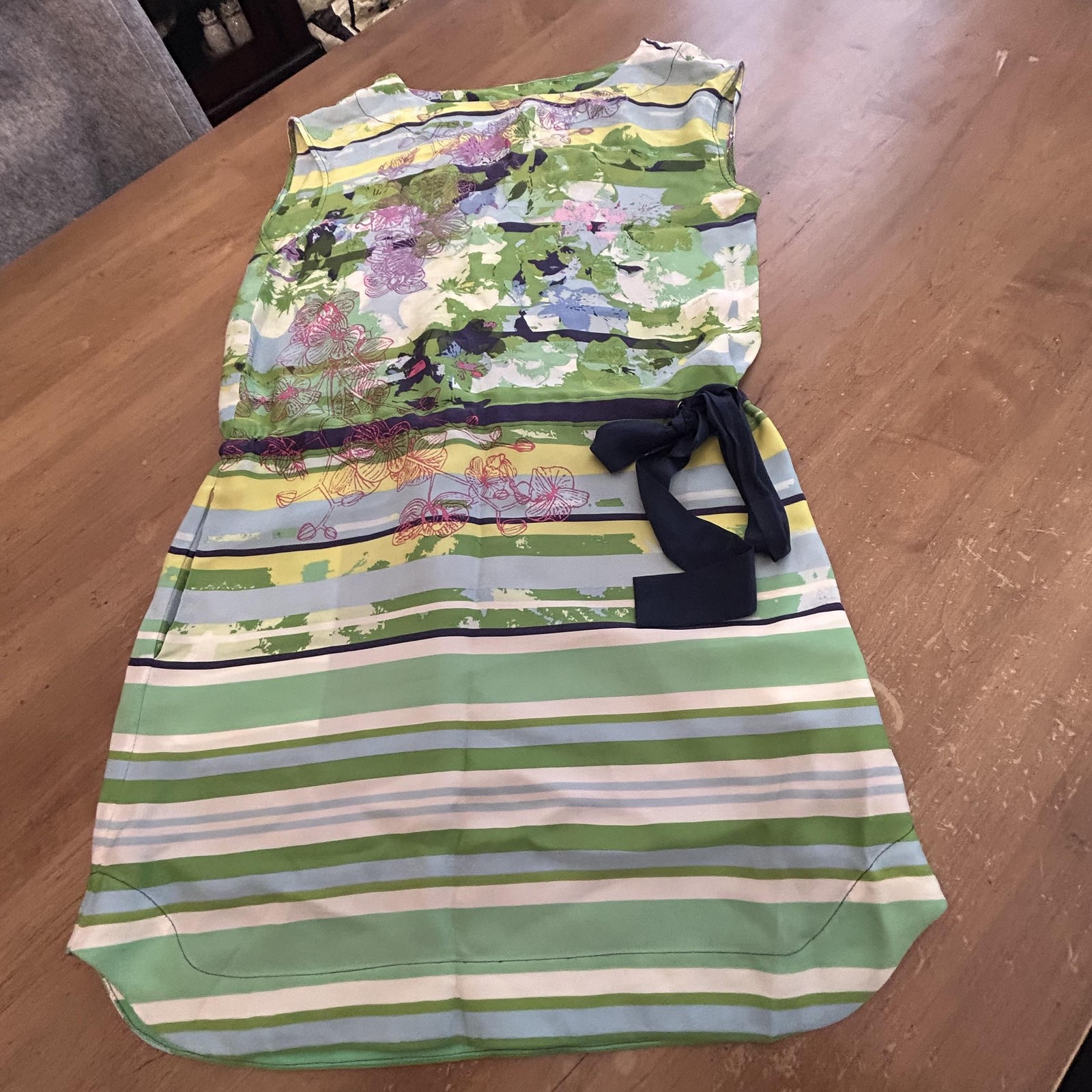 Ali Ro 100% Silk Dress Womens 6 Green Blue Floral Stripe Belted Sleeveless Lined