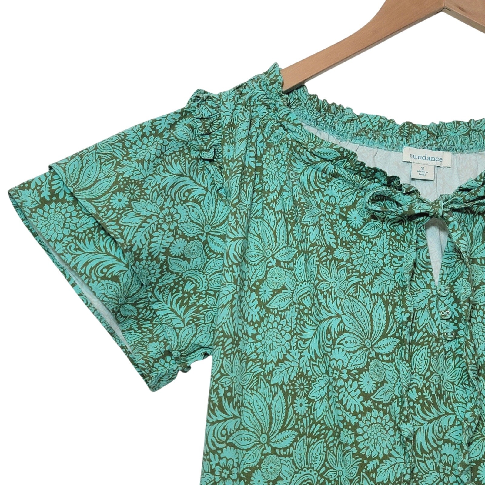 Sundance Liora Floral Leaf Cotton Tiered Ruffle Dress Short Sleeve Green S