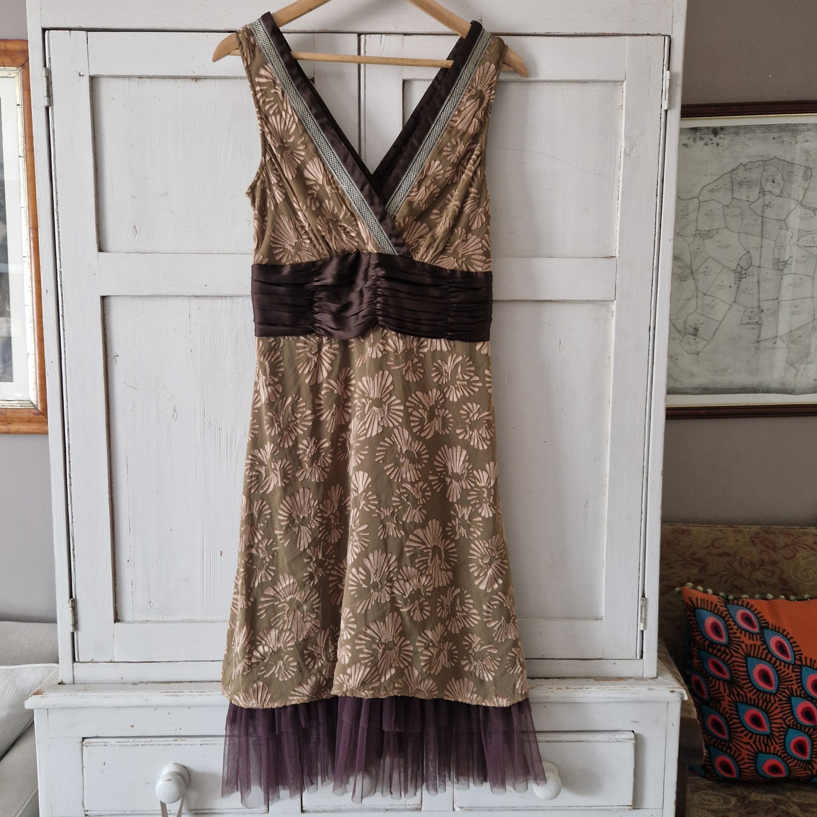 Aftershock 100% Silk Burnout Midi Dress UK 12 Tulle Hem Occasion