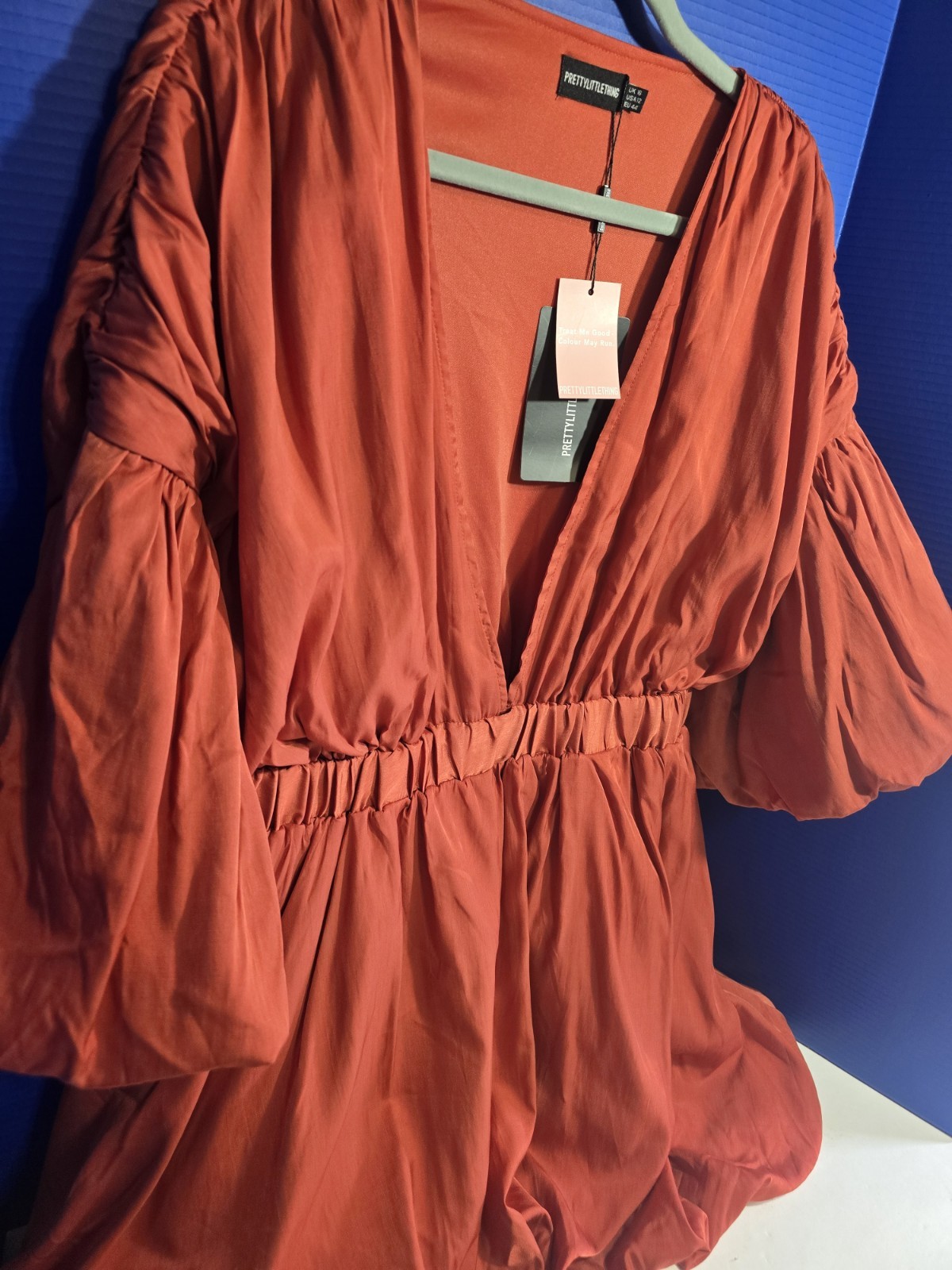 PrettyLittleThing Rust Copper Puff Sleeve Bubble Hem Babydoll Dress NWT Size 12
