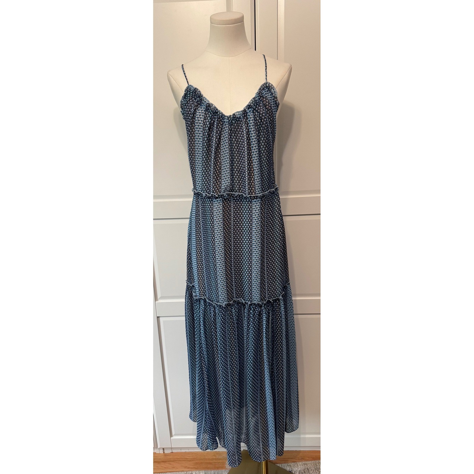 Finders Keepers Blue Geometric Tiered Maxi Dress Open Back V-Neck Small Blue