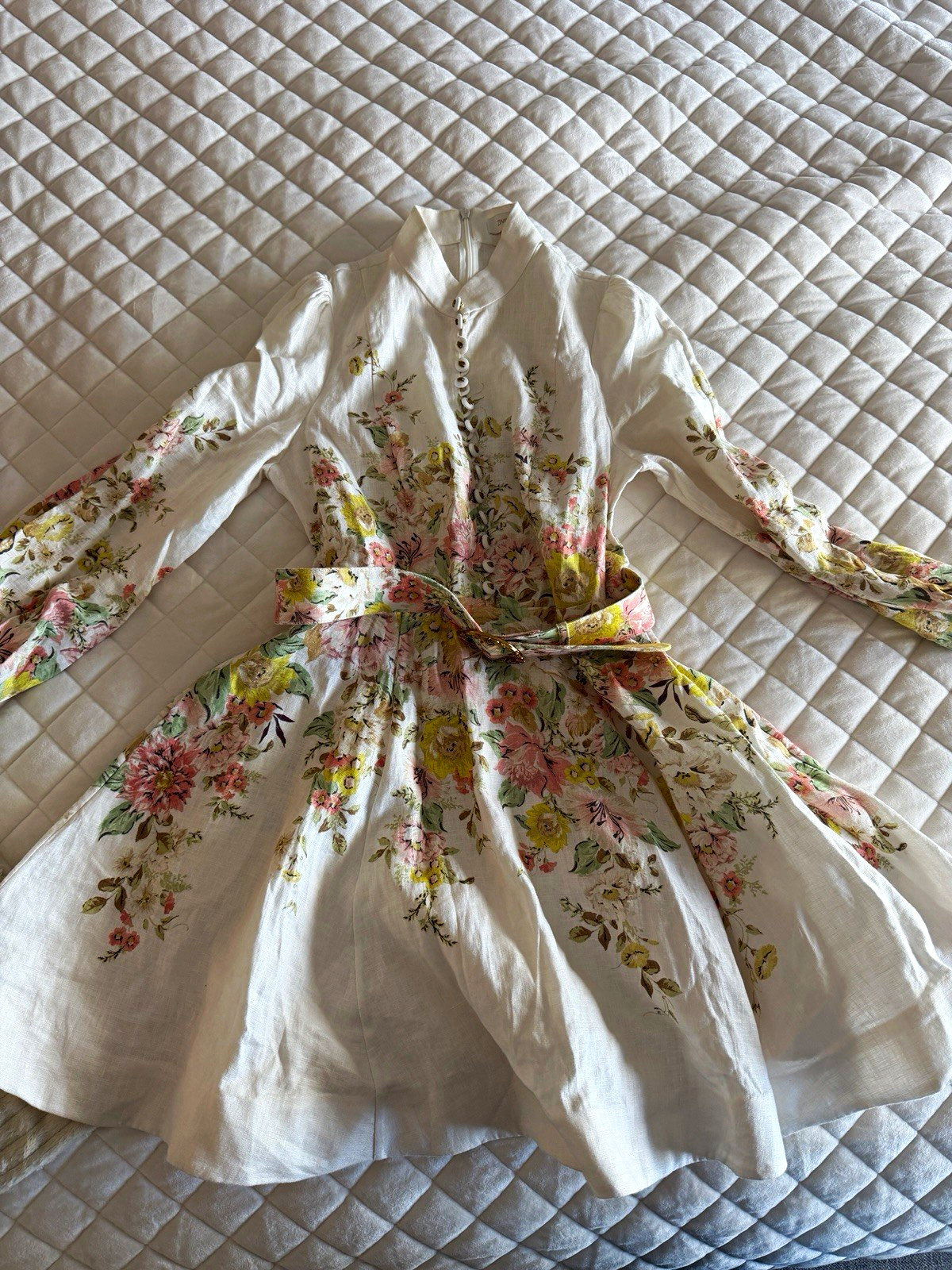ZIMMERMANN White Floral Linen Belted Collared Mini Dress 3/4 Sleeve Sz M
