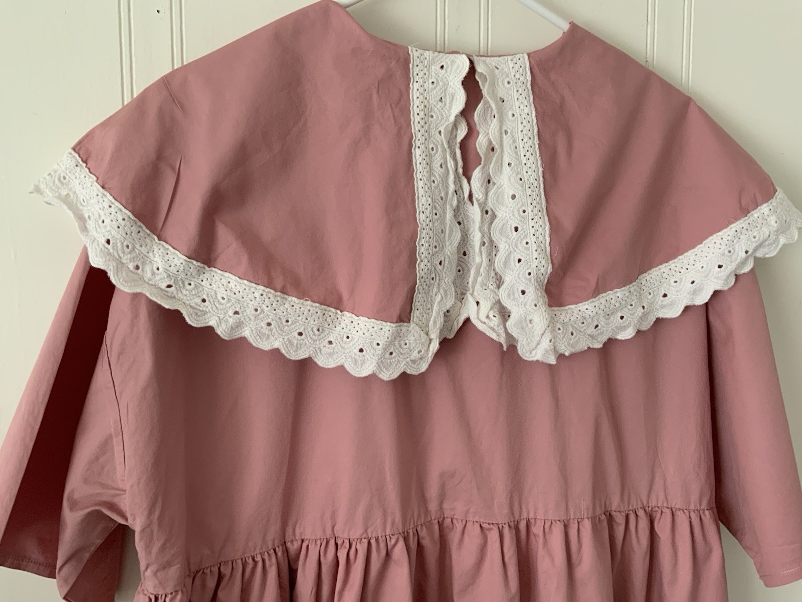Sister Jane Mini Dress Pink Solid Cotton Eyelet Lace Collar Short Sleeve M